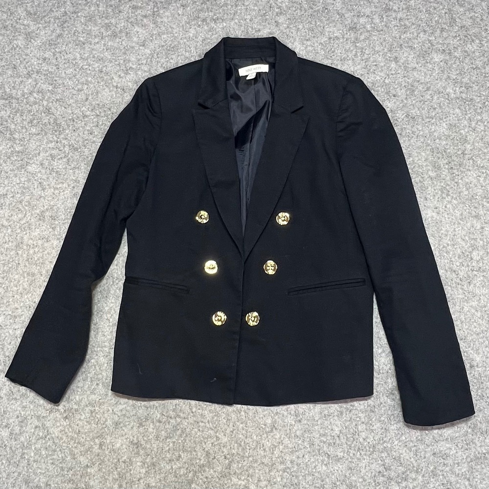 Nine West Womens Black Double Breasted Open Blazer Gold Buttons Career Size S